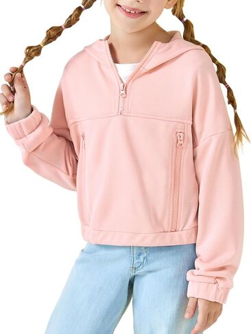 Girls Half Zip Up Hoodies Kids Fashion Loose Hooded Sweatshirts with Pockets 3-14 Years in Kuwait