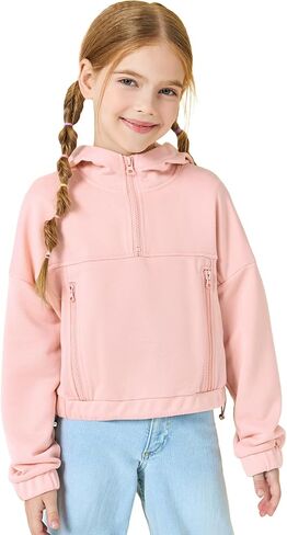 Girls Half Zip Up Hoodies Kids Fashion Loose Hooded Sweatshirts with Pockets 3-14 Years in Kuwait