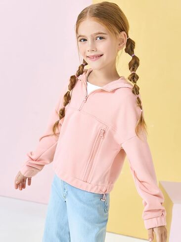 Girls Half Zip Up Hoodies Kids Fashion Loose Hooded Sweatshirts with Pockets 3-14 Years in Kuwait