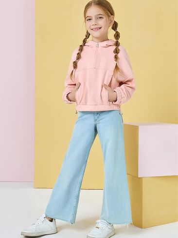 Girls Half Zip Up Hoodies Kids Fashion Loose Hooded Sweatshirts with Pockets 3-14 Years in Kuwait