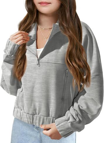 Girls Half Zip Up Hoodies Kids Fashion Loose Hooded Sweatshirts with Pockets 3-14 Years in Kuwait