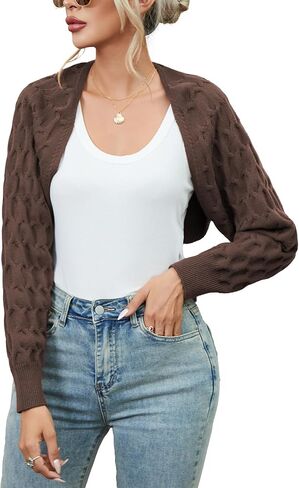 Famulily Women's Cropped Cardigan Shrugs Sweater Honeycomb Long Sleeve Open Front Knit Cardigan Bolero Shrug Outerwear in Kuwait
