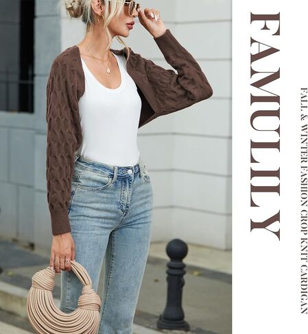 Famulily Women's Cropped Cardigan Shrugs Sweater Honeycomb Long Sleeve Open Front Knit Cardigan Bolero Shrug Outerwear in Kuwait
