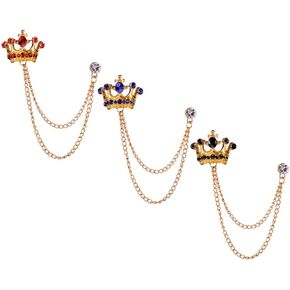Shuxy 3PCS Men's Brooch Crown Hanging Chain Brooch Black Red Blue Stone Detailing with Engraving Metal Crystal Brooch Suit Stud Lapel Pin Vintage Rhinestone Breastpin Wedding Brooch Pin, Gold, mix, in Kuwait