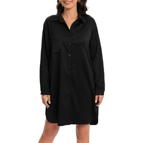 Women's Casual Cuffed Long Sleeve Button Down Shirt Dress Plus Size V Neck Tunic Blouses Tops with Pockets in Kuwait