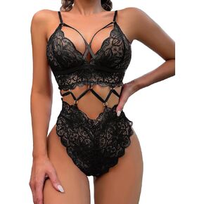 OYOANGLE Women's Floral Lace Spaghetti Strap Criss Cross Lingerie Cut Out Teddy Bodysuits