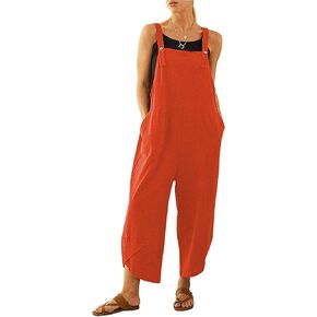 Shebote Womens Sleeveless Cotton Linen Adjustable Bib Overalls Baggy Jumpsuits Romper with Pockets Straps Jumpsuit in Kuwait