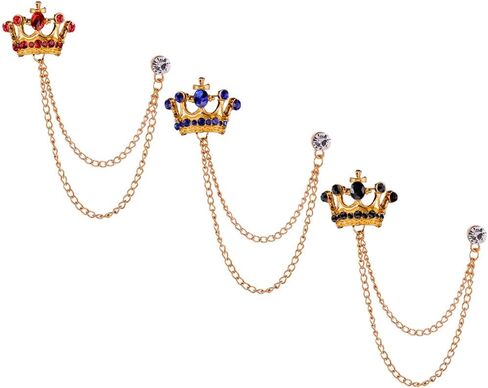 Shuxy 3PCS Men's Brooch Crown Hanging Chain Brooch Black Red Blue Stone Detailing with Engraving Metal Crystal Brooch Suit Stud Lapel Pin Vintage Rhinestone Breastpin Wedding Brooch Pin, Gold, mix, in Kuwait