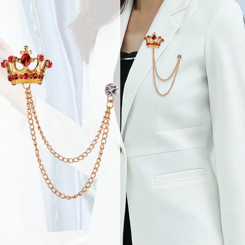 Shuxy 3PCS Men's Brooch Crown Hanging Chain Brooch Black Red Blue Stone Detailing with Engraving Metal Crystal Brooch Suit Stud Lapel Pin Vintage Rhinestone Breastpin Wedding Brooch Pin, Gold, mix, in Kuwait