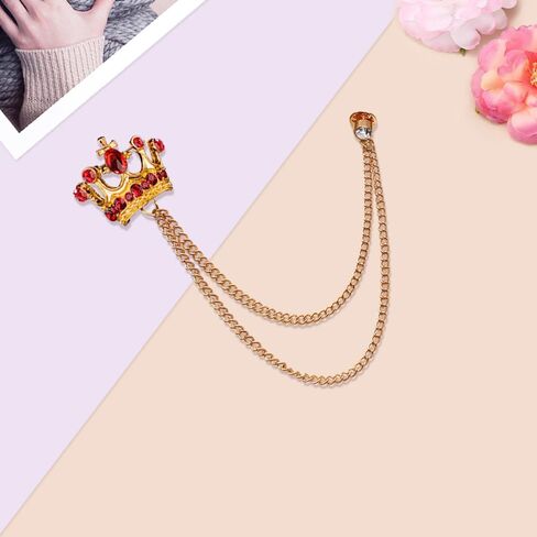 Shuxy 3PCS Men's Brooch Crown Hanging Chain Brooch Black Red Blue Stone Detailing with Engraving Metal Crystal Brooch Suit Stud Lapel Pin Vintage Rhinestone Breastpin Wedding Brooch Pin, Gold, mix, in Kuwait