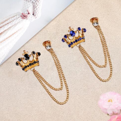 Shuxy 3PCS Men's Brooch Crown Hanging Chain Brooch Black Red Blue Stone Detailing with Engraving Metal Crystal Brooch Suit Stud Lapel Pin Vintage Rhinestone Breastpin Wedding Brooch Pin, Gold, mix, in Kuwait