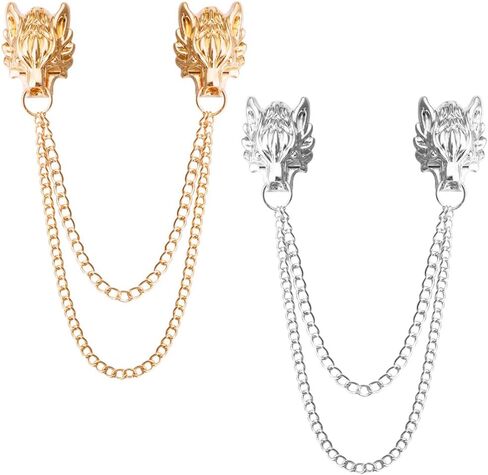 شوكسي دبوس بروش للرجال بتصميم راس ذئب بياقة طويلة مع نقش معدني وكريستال بدبوس طية صدر بتصميم فينتاج مرصع باحجار الراين، دبوس بروش للزفاف، ذهبي وفضي، مزيج، قطعتين, خليط معدني، كريستال, كريستال in Kuwait