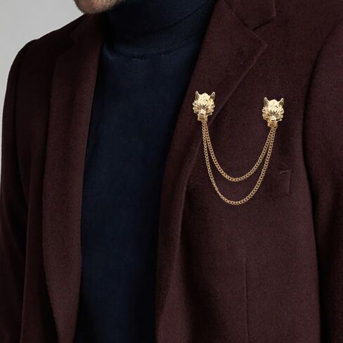 شوكسي دبوس بروش للرجال بتصميم راس ذئب بياقة طويلة مع نقش معدني وكريستال بدبوس طية صدر بتصميم فينتاج مرصع باحجار الراين، دبوس بروش للزفاف، ذهبي وفضي، مزيج، قطعتين, خليط معدني، كريستال, كريستال in Kuwait