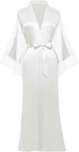 PRODESIGN Satin Kimono Lace Robe Long Silky Kimono Bathrobe with Lace Trim Sleepwear Wedding Bridesmaid Robe in Kuwait