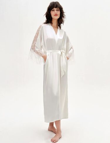 PRODESIGN Satin Kimono Lace Robe Long Silky Kimono Bathrobe with Lace Trim Sleepwear Wedding Bridesmaid Robe in Kuwait