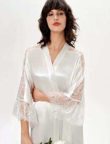 PRODESIGN Satin Kimono Lace Robe Long Silky Kimono Bathrobe with Lace Trim Sleepwear Wedding Bridesmaid Robe in Kuwait