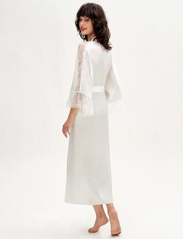PRODESIGN Satin Kimono Lace Robe Long Silky Kimono Bathrobe with Lace Trim Sleepwear Wedding Bridesmaid Robe in Kuwait