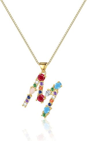 Eben-Ezer 18K Gold Box Chain Choker Initial Necklace Multi-Color Zircon Letter Pendant Script Name Custom Necklace for Women Girl Gift Alphabet 26 A-Z in Saudi Arabia