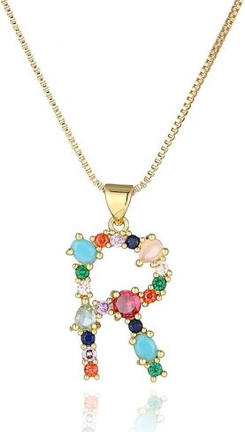 Eben-Ezer 18K Gold Box Chain Choker Initial Necklace Multi-Color Zircon Letter Pendant Script Name Custom Necklace for Women Girl Gift Alphabet 26 A-Z in Saudi Arabia
