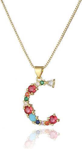 Eben-Ezer 18K Gold Box Chain Choker Initial Necklace Multi-Color Zircon Letter Pendant Script Name Custom Necklace for Women Girl Gift Alphabet 26 A-Z in Saudi Arabia