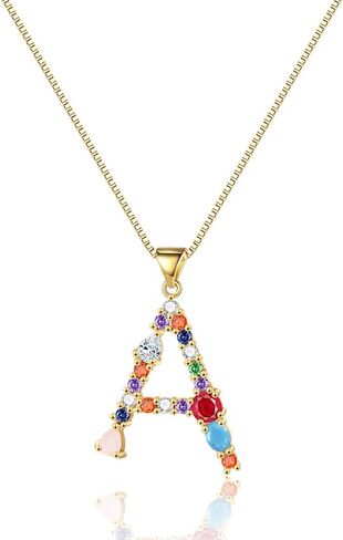 Eben-Ezer 18K Gold Box Chain Choker Initial Necklace Multi-Color Zircon Letter Pendant Script Name Custom Necklace for Women Girl Gift Alphabet 26 A-Z in Saudi Arabia