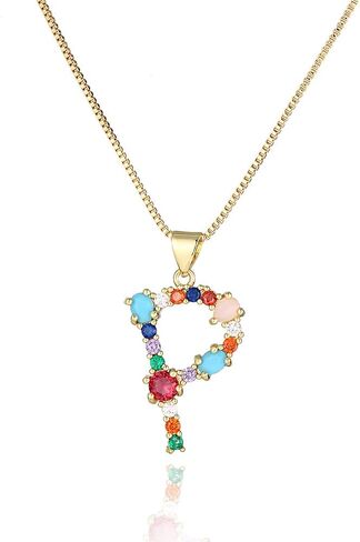Eben-Ezer 18K Gold Box Chain Choker Initial Necklace Multi-Color Zircon Letter Pendant Script Name Custom Necklace for Women Girl Gift Alphabet 26 A-Z in Saudi Arabia