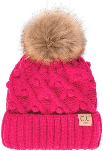 C.C Kids' Children's Cable Knit Faux Fuzzy Fur Pom Fleece Lined Cuff Beanie in Saudi Arabia