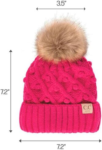 C.C Kids' Children's Cable Knit Faux Fuzzy Fur Pom Fleece Lined Cuff Beanie in Saudi Arabia
