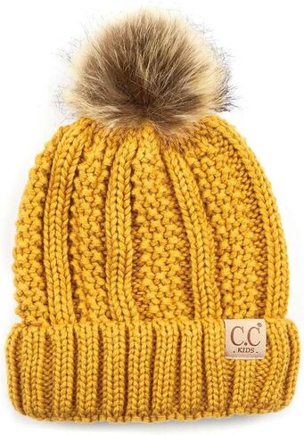C.C Kids' Children's Cable Knit Faux Fuzzy Fur Pom Fleece Lined Cuff Beanie in Saudi Arabia
