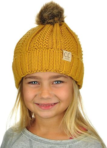 C.C Kids' Children's Cable Knit Faux Fuzzy Fur Pom Fleece Lined Cuff Beanie in Saudi Arabia