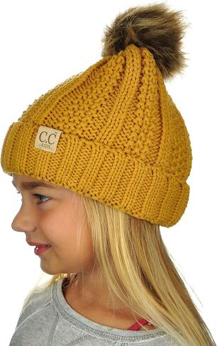 C.C Kids' Children's Cable Knit Faux Fuzzy Fur Pom Fleece Lined Cuff Beanie in Saudi Arabia