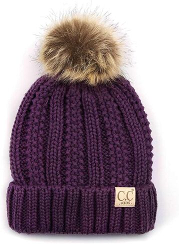 C.C Kids' Children's Cable Knit Faux Fuzzy Fur Pom Fleece Lined Cuff Beanie in Saudi Arabia