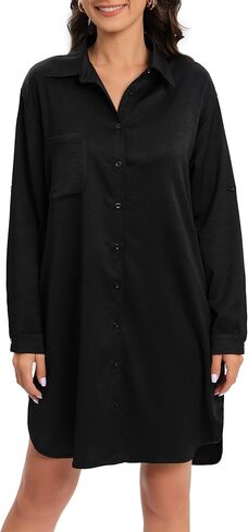 Women's Casual Cuffed Long Sleeve Button Down Shirt Dress Plus Size V Neck Tunic Blouses Tops with Pockets in Kuwait