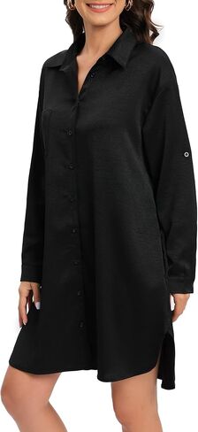 Women's Casual Cuffed Long Sleeve Button Down Shirt Dress Plus Size V Neck Tunic Blouses Tops with Pockets in Kuwait