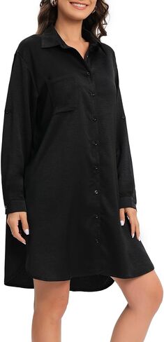 Women's Casual Cuffed Long Sleeve Button Down Shirt Dress Plus Size V Neck Tunic Blouses Tops with Pockets in Kuwait