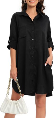 Women's Casual Cuffed Long Sleeve Button Down Shirt Dress Plus Size V Neck Tunic Blouses Tops with Pockets in Kuwait