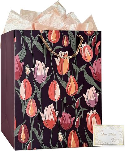 حقيبة هدايا كبيرة مقاس 33 سم من AMROSE مع بطاقة ومناديل ورقية، حقيبة هدايا ورقية قابلة لإعادة التدوير لأعياد الميلاد والكريسماس وعيد الأم وحفلات الزفاف والمزيد، زهور بألوان مائية in Kuwait