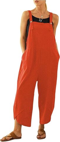 Shebote Womens Sleeveless Cotton Linen Adjustable Bib Overalls Baggy Jumpsuits Romper with Pockets Straps Jumpsuit in Kuwait