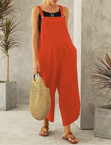 Shebote Womens Sleeveless Cotton Linen Adjustable Bib Overalls Baggy Jumpsuits Romper with Pockets Straps Jumpsuit in Kuwait