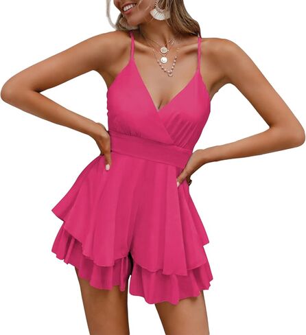 Linsery Women Spaghetti Strap V Neck Shorts Romper Ruffle Chiffon Mini Jumpsuit Backless Playsuit in Kuwait