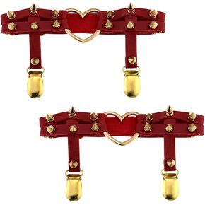 FM FM42 Multicolor PU Simulated Leather Spikes Rivets Love Heart Ring Adjustable Leg Ring Elastic Garter, Pack of 2 PCs