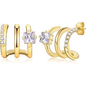 CERSLIMO Gold Hoop Earrings for Women - 14K Gold Plated Triple Hoop Illusion Stud Earrings, Sterling Silver Cubic Zirconia Open Huggie Stud Earrings in Kuwait