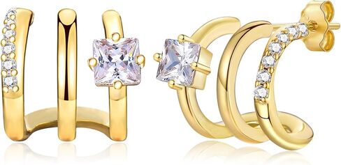 CERSLIMO Gold Hoop Earrings for Women - 14K Gold Plated Triple Hoop Illusion Stud Earrings, Sterling Silver Cubic Zirconia Open Huggie Stud Earrings in Kuwait