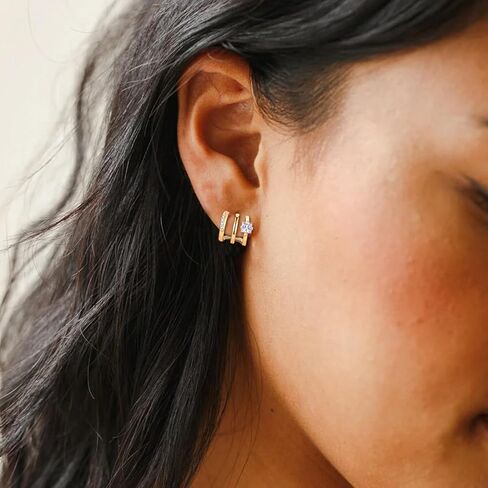 CERSLIMO Gold Hoop Earrings for Women - 14K Gold Plated Triple Hoop Illusion Stud Earrings, Sterling Silver Cubic Zirconia Open Huggie Stud Earrings in Kuwait