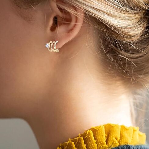 CERSLIMO Gold Hoop Earrings for Women - 14K Gold Plated Triple Hoop Illusion Stud Earrings, Sterling Silver Cubic Zirconia Open Huggie Stud Earrings in Kuwait