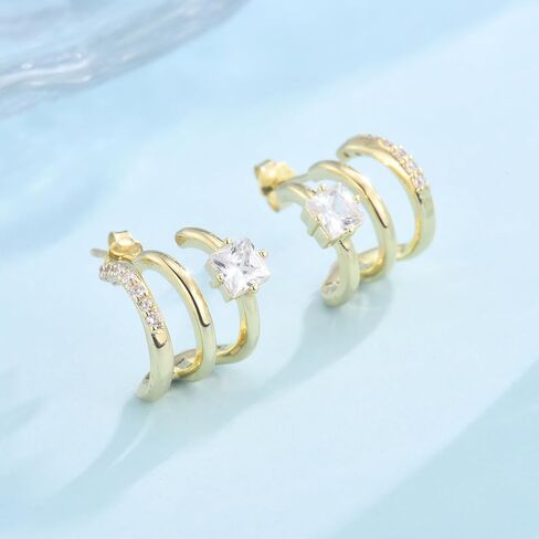 CERSLIMO Gold Hoop Earrings for Women - 14K Gold Plated Triple Hoop Illusion Stud Earrings, Sterling Silver Cubic Zirconia Open Huggie Stud Earrings in Kuwait