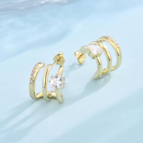 CERSLIMO Gold Hoop Earrings for Women - 14K Gold Plated Triple Hoop Illusion Stud Earrings, Sterling Silver Cubic Zirconia Open Huggie Stud Earrings in Kuwait
