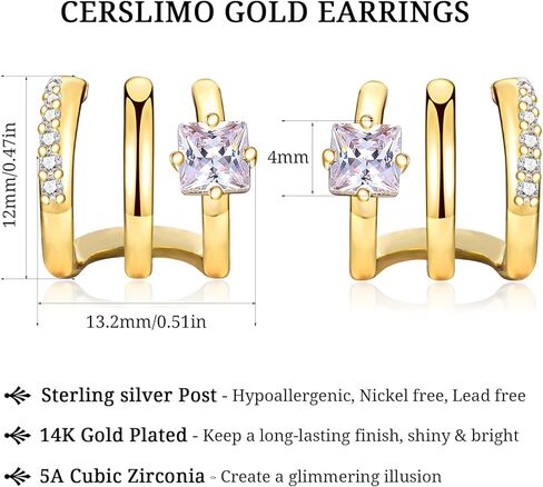 CERSLIMO Gold Hoop Earrings for Women - 14K Gold Plated Triple Hoop Illusion Stud Earrings, Sterling Silver Cubic Zirconia Open Huggie Stud Earrings in Kuwait