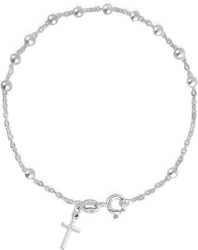 Savlano 925 Sterling Silver Italian Rosary Solid Bead Chain Cross Pendant 7 Inches Bracelet Comes With Gift Box for Women - Made in Italy in Saudi Arabia