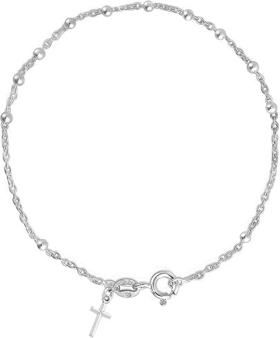 Savlano 925 Sterling Silver Italian Rosary Solid Bead Chain Cross Pendant 7 Inches Bracelet Comes With Gift Box for Women - Made in Italy in Saudi Arabia
